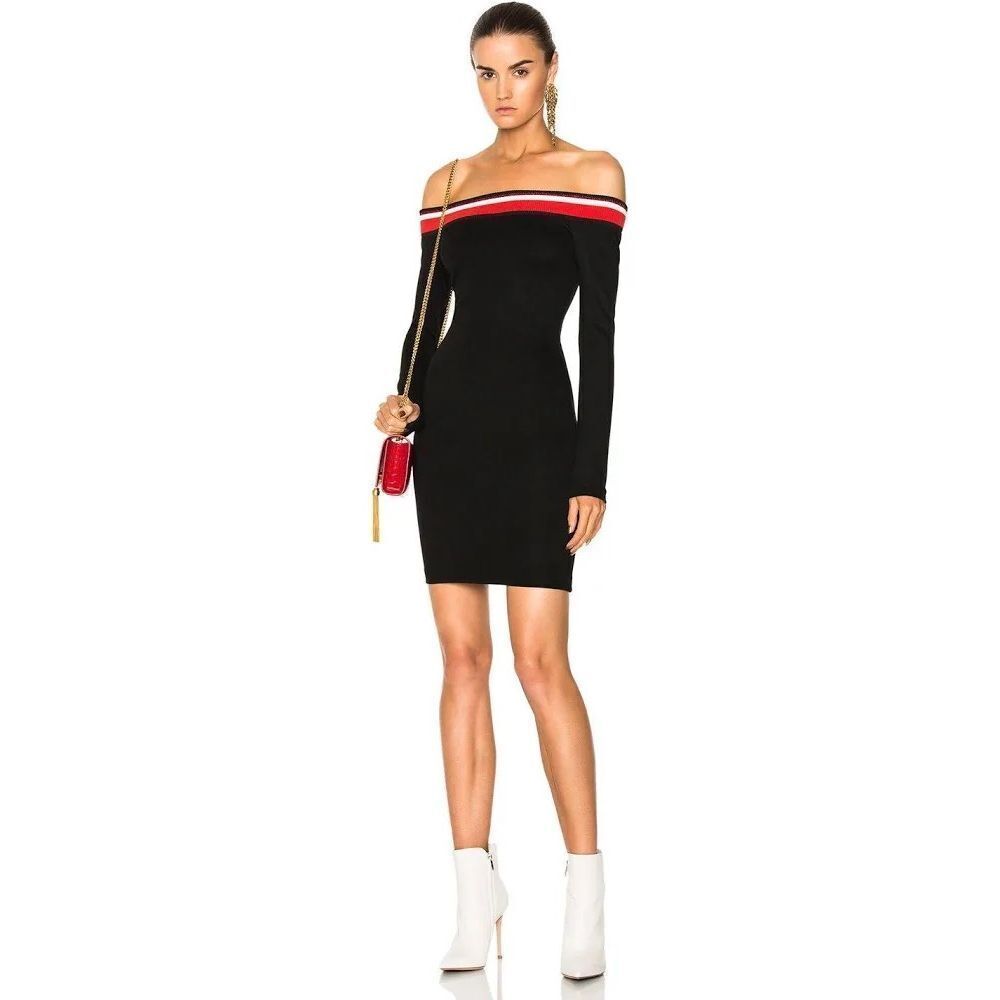 🔥NWOT MUGLER PARIS Black Off Shoulder Body Con Mini Dress Striped Trim Zipper S